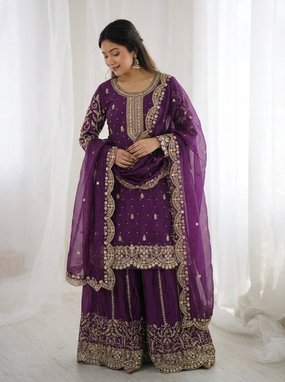 Arti Chauhan Wear Fendy Silk Purple Color Palazzo Suit Set