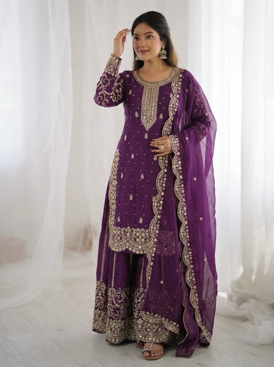 Arti Chauhan Wear Fendy Silk Purple Color Palazzo Suit Set