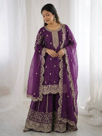 Arti Chauhan Wear Fendy Silk Purple Color Palazzo Suit Set