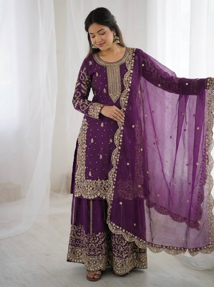 Arti Chauhan Wear Fendy Silk Purple Color Palazzo Suit Set