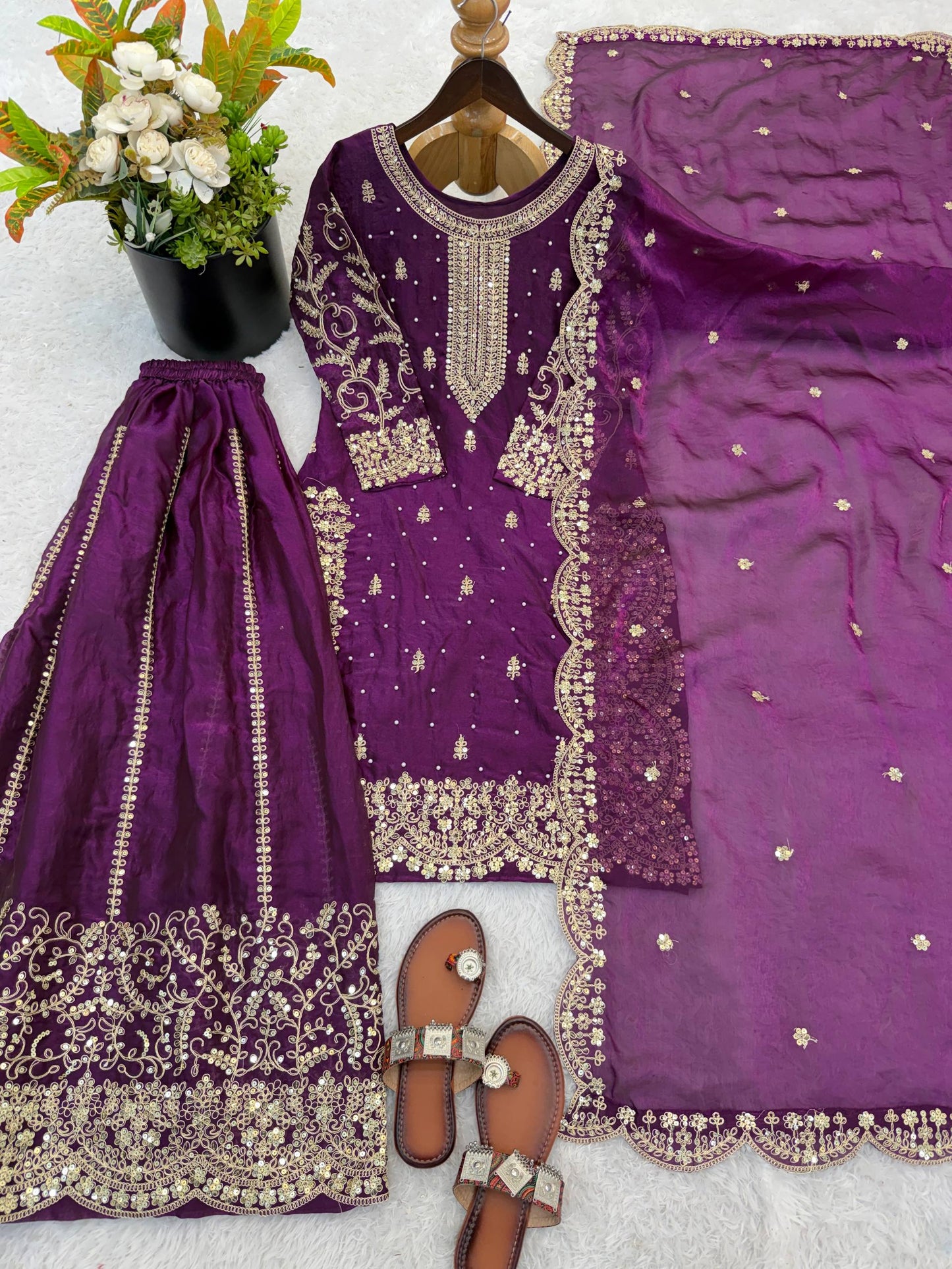 Arti Chauhan Wear Fendy Silk Purple Color Palazzo Suit Set