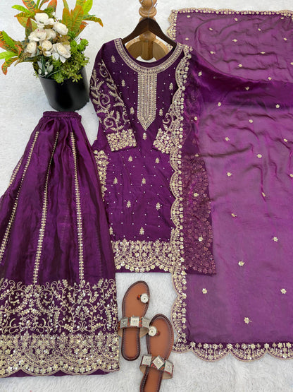 Arti Chauhan Wear Fendy Silk Purple Color Palazzo Suit Set