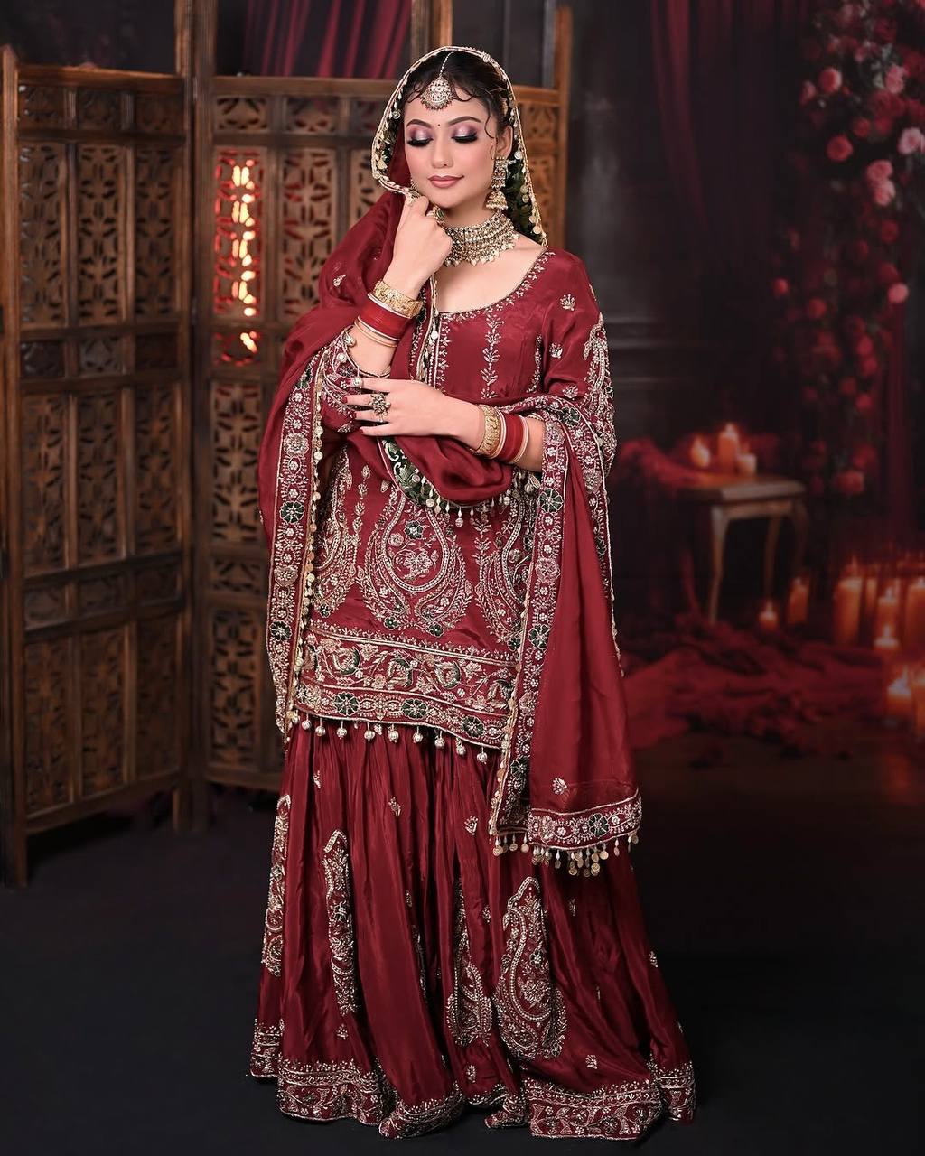 Wedding Wear Maroon Color Heavy Faux Georgette With Embroidery Work Sharara Suit
