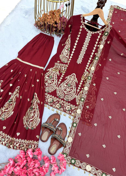 Wedding Wear Maroon Color Heavy Faux Georgette With Embroidery Work Sharara Suit