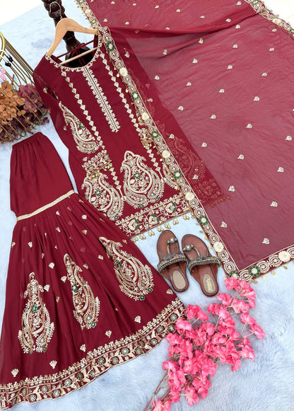 Wedding Wear Maroon Color Heavy Faux Georgette With Embroidery Work Sharara Suit