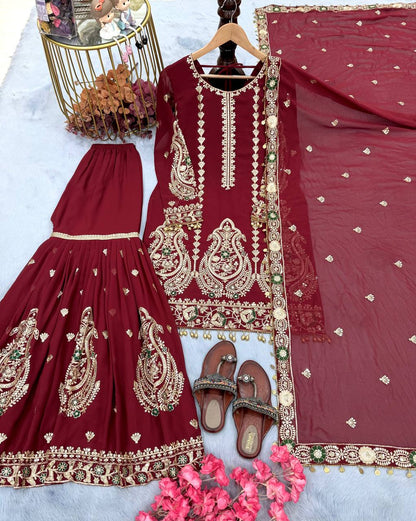 Wedding Wear Maroon Color Heavy Faux Georgette With Embroidery Work Sharara Suit