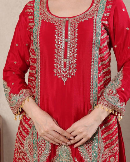 Festive Wear Red Color Heavy Work Designer Sharara Suit