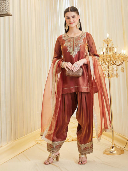 Party Wear Orange Color Fandy Silk Farshi Salwar Suit