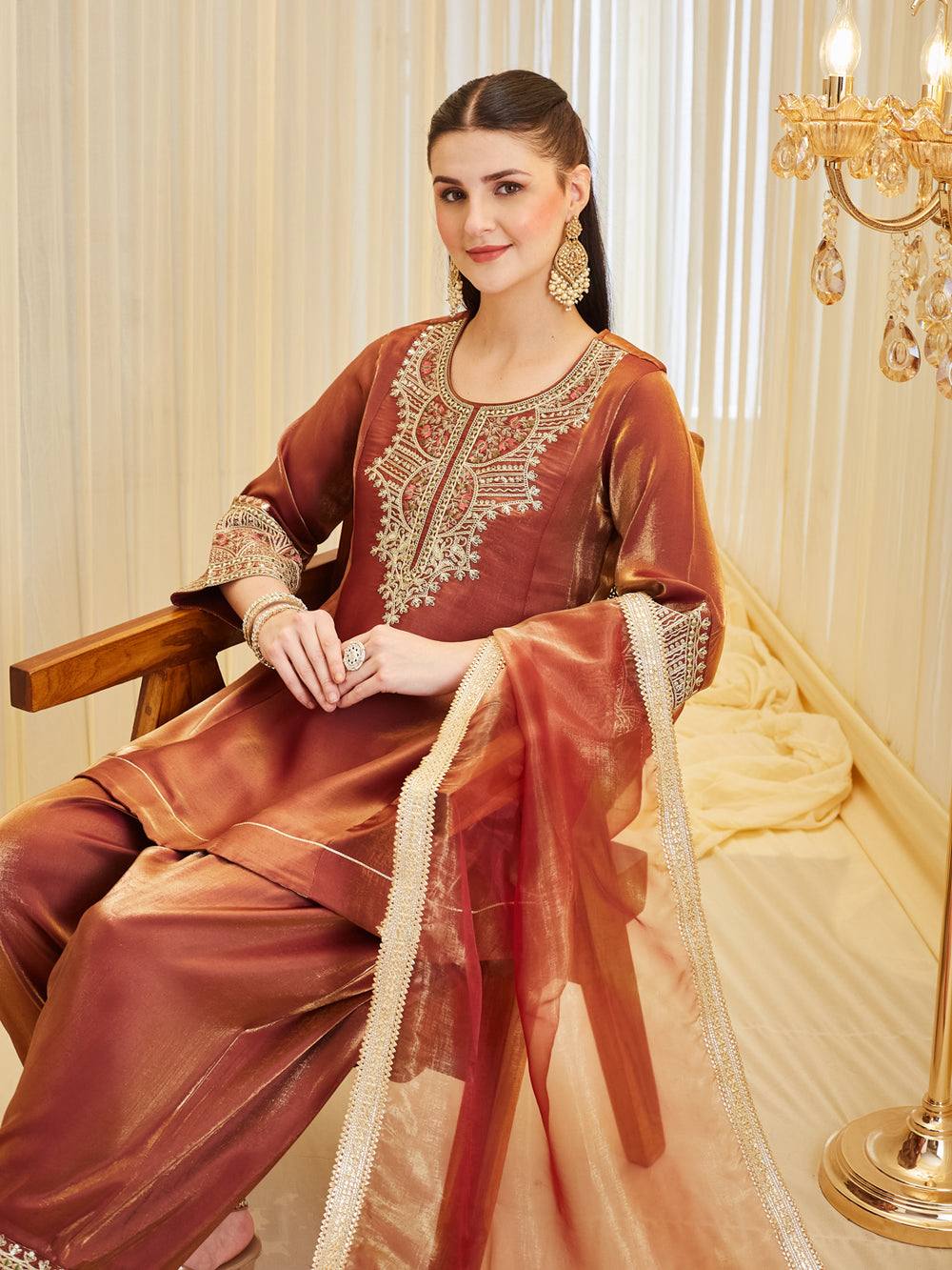 Party Wear Orange Color Fandy Silk Farshi Salwar Suit