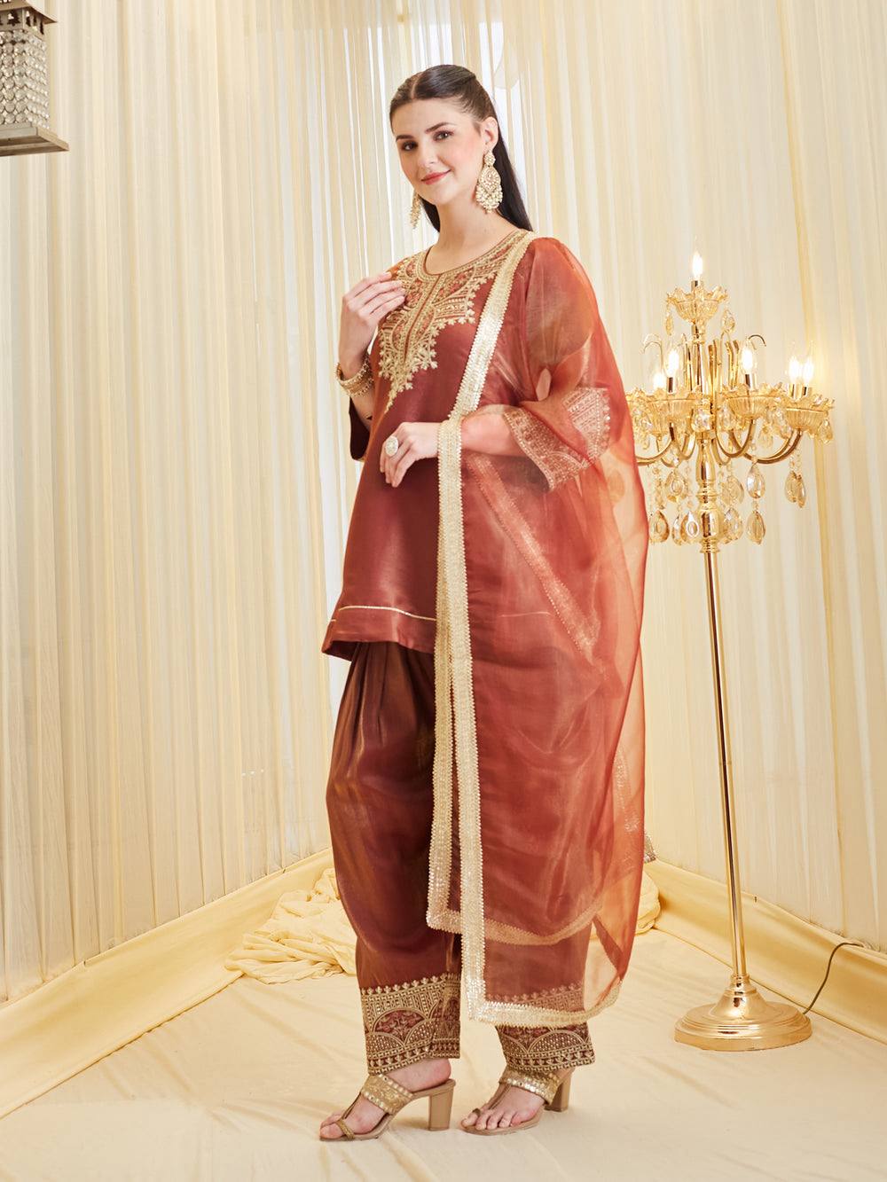 Party Wear Orange Color Fandy Silk Farshi Salwar Suit