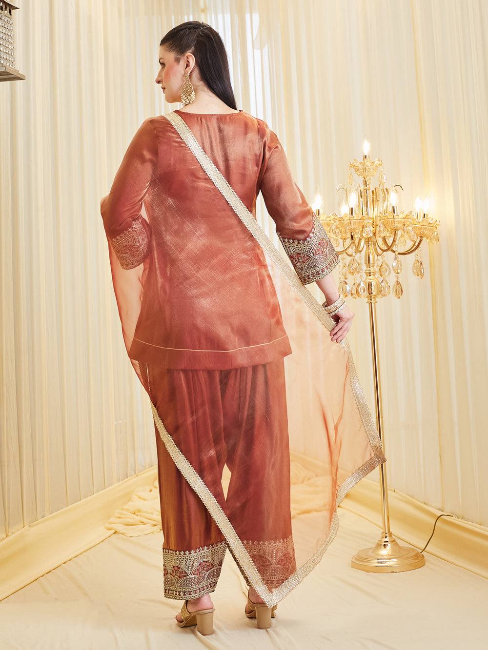 Party Wear Orange Color Fandy Silk Farshi Salwar Suit