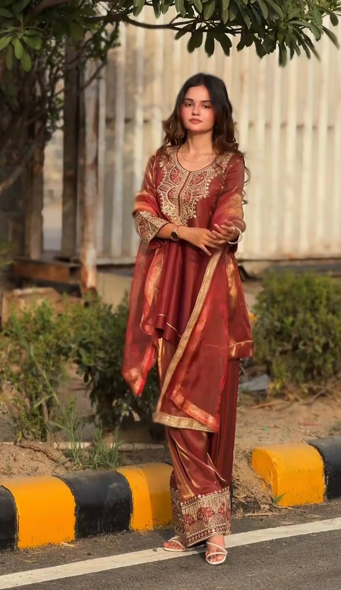 Party Wear Orange Color Fandy Silk Farshi Salwar Suit