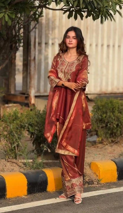 Party Wear Orange Color Fandy Silk Farshi Salwar Suit