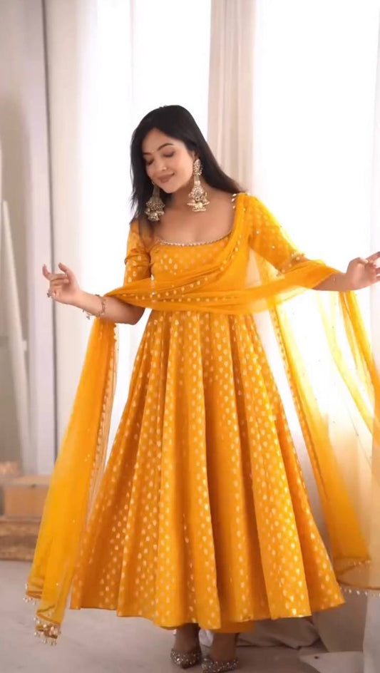 Haldi Wear Yellow Color Chanderi Jacquard Butti Anarkali Suit