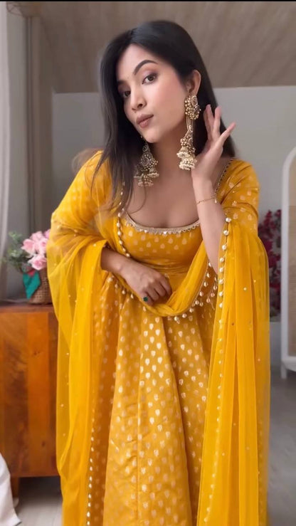 Haldi Wear Yellow Color Chanderi Jacquard Butti Anarkali Suit