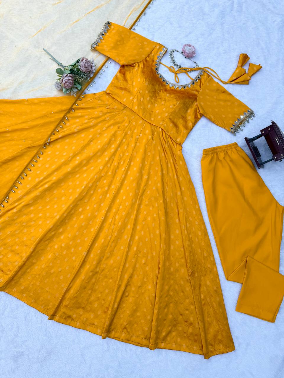Haldi Wear Yellow Color Chanderi Jacquard Butti Anarkali Suit