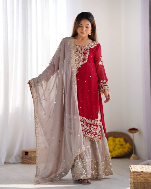 Traditional Wear Red Color Heavy Faux Georgette With Heavy Embroidery Work Palazzo Suit