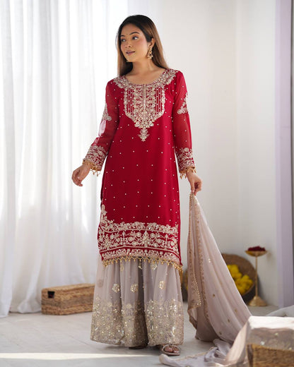 Traditional Wear Red Color Heavy Faux Georgette With Heavy Embroidery Work Palazzo Suit