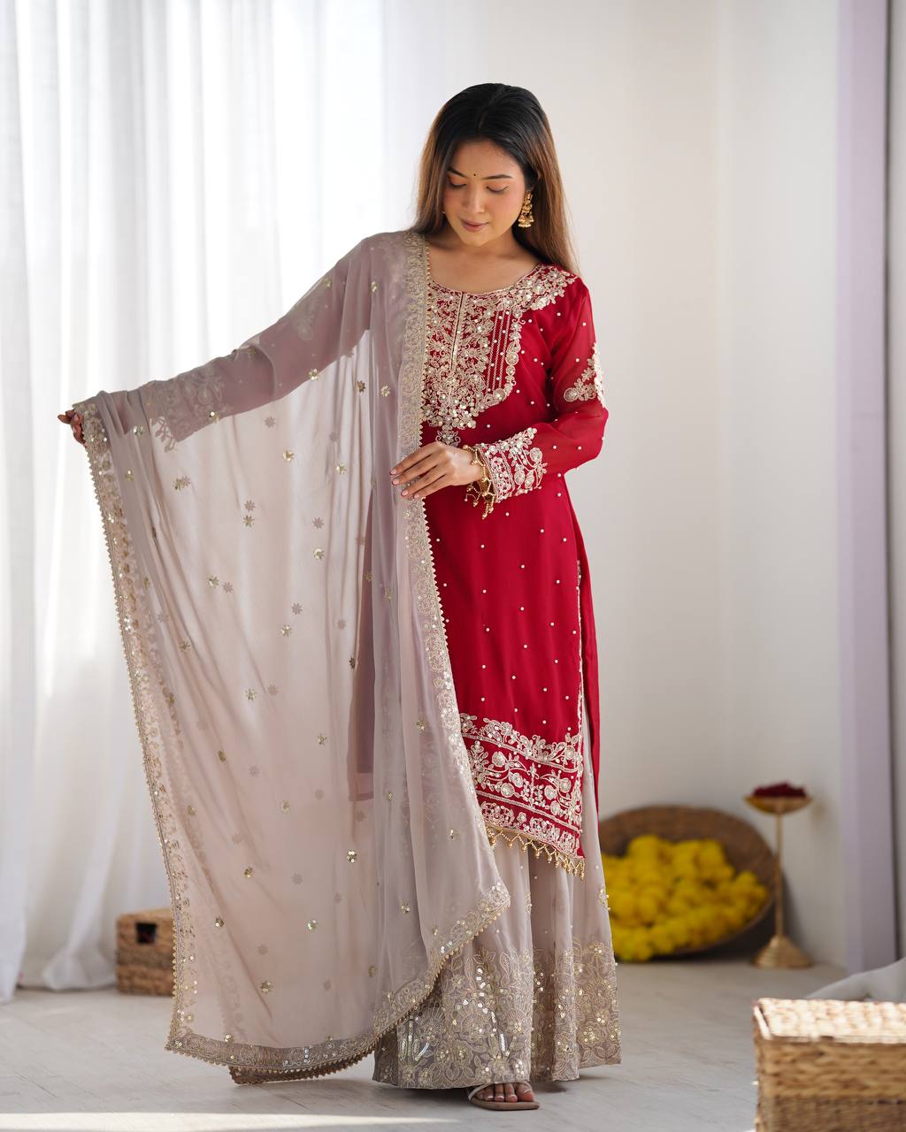 Traditional Wear Red Color Heavy Faux Georgette With Heavy Embroidery Work Palazzo Suit