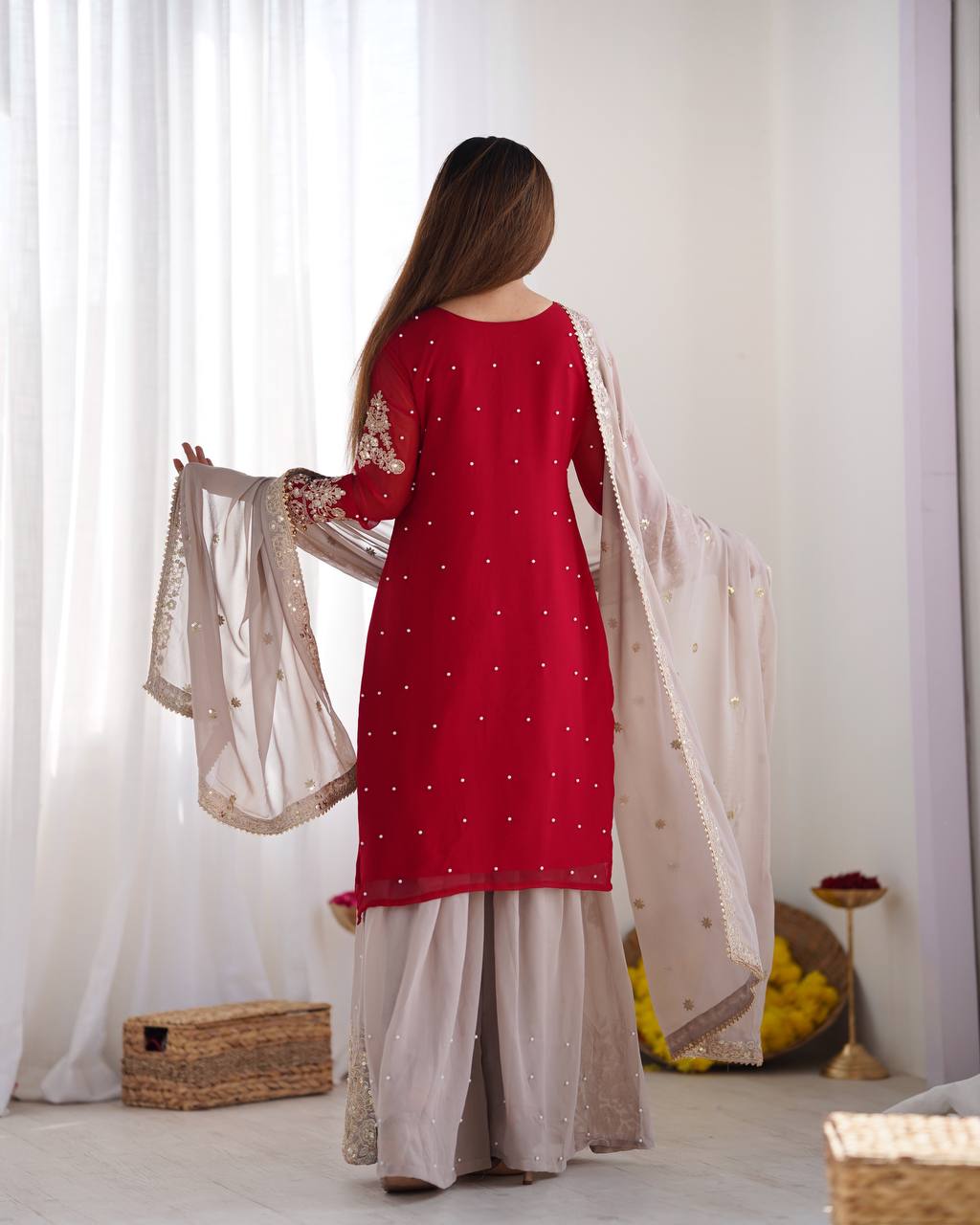 Traditional Wear Red Color Heavy Faux Georgette With Heavy Embroidery Work Palazzo Suit