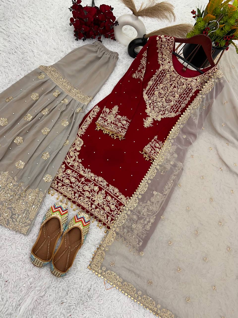 Traditional Wear Red Color Heavy Faux Georgette With Heavy Embroidery Work Palazzo Suit