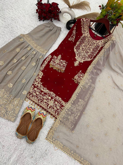 Traditional Wear Red Color Heavy Faux Georgette With Heavy Embroidery Work Palazzo Suit