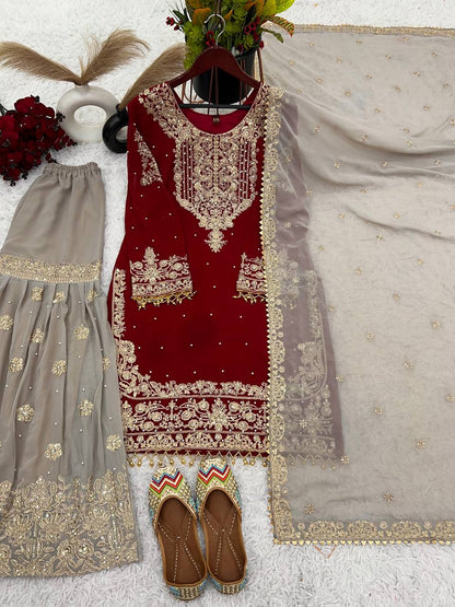 Traditional Wear Red Color Heavy Faux Georgette With Heavy Embroidery Work Palazzo Suit