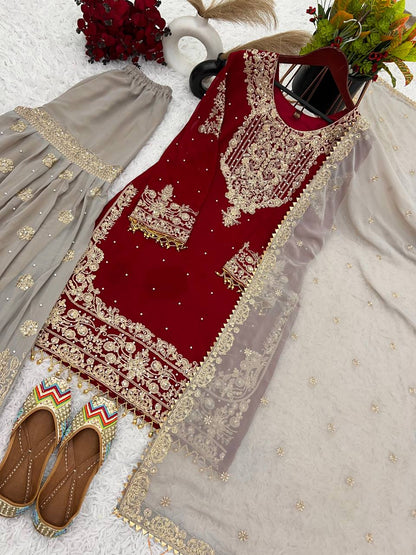 Traditional Wear Red Color Heavy Faux Georgette With Heavy Embroidery Work Palazzo Suit