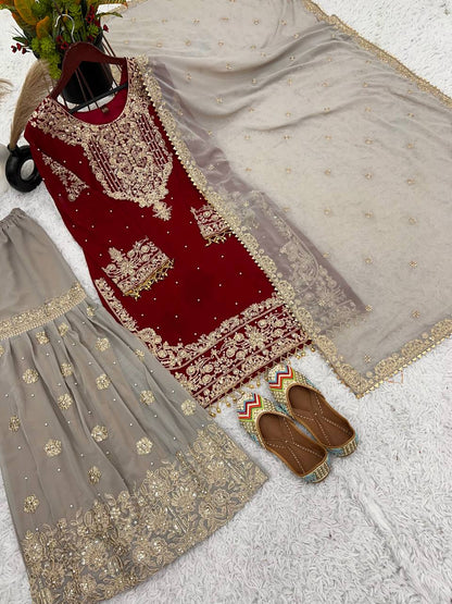 Traditional Wear Red Color Heavy Faux Georgette With Heavy Embroidery Work Palazzo Suit