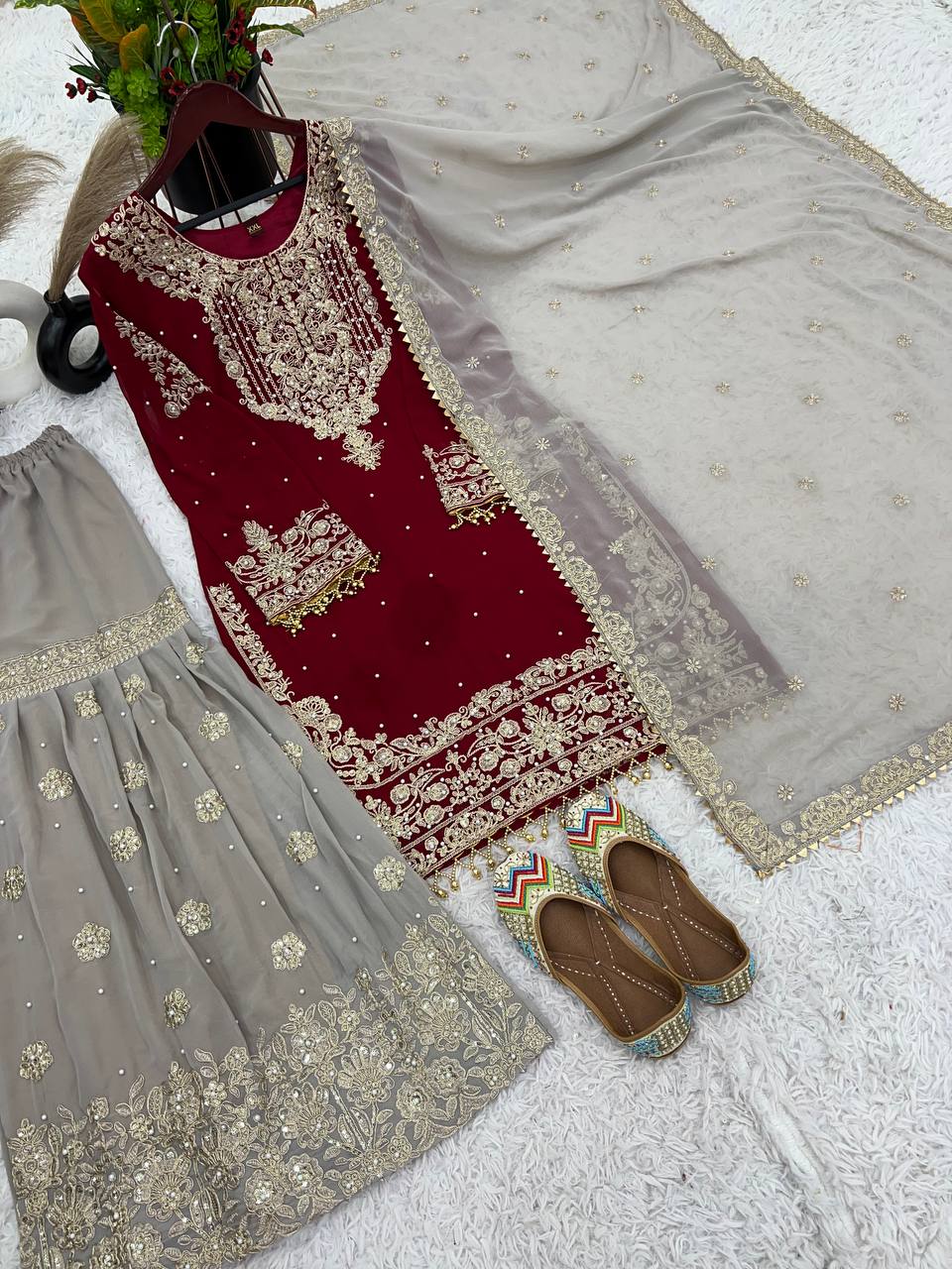 Traditional Wear Red Color Heavy Faux Georgette With Heavy Embroidery Work Palazzo Suit