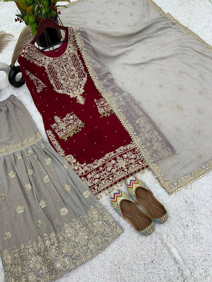 Traditional Wear Red Color Heavy Faux Georgette With Heavy Embroidery Work Palazzo Suit