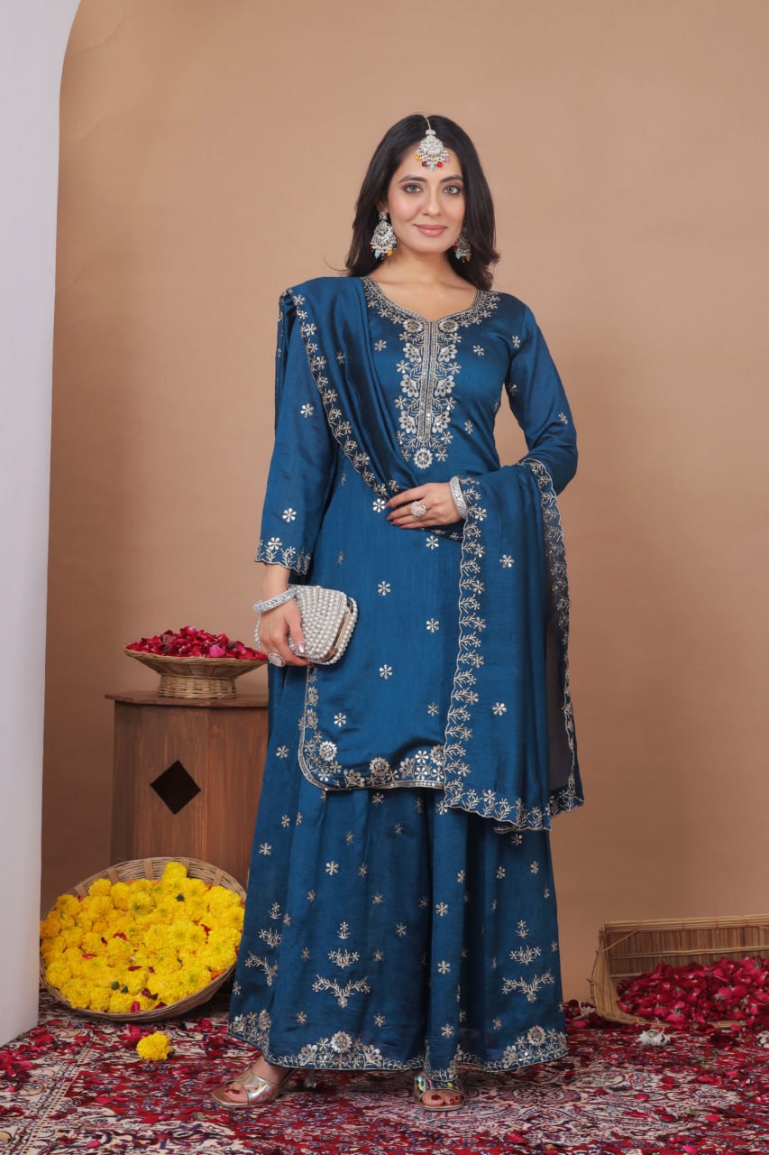 Elegant Blue Color Sequence Embroidered Sharara Suit