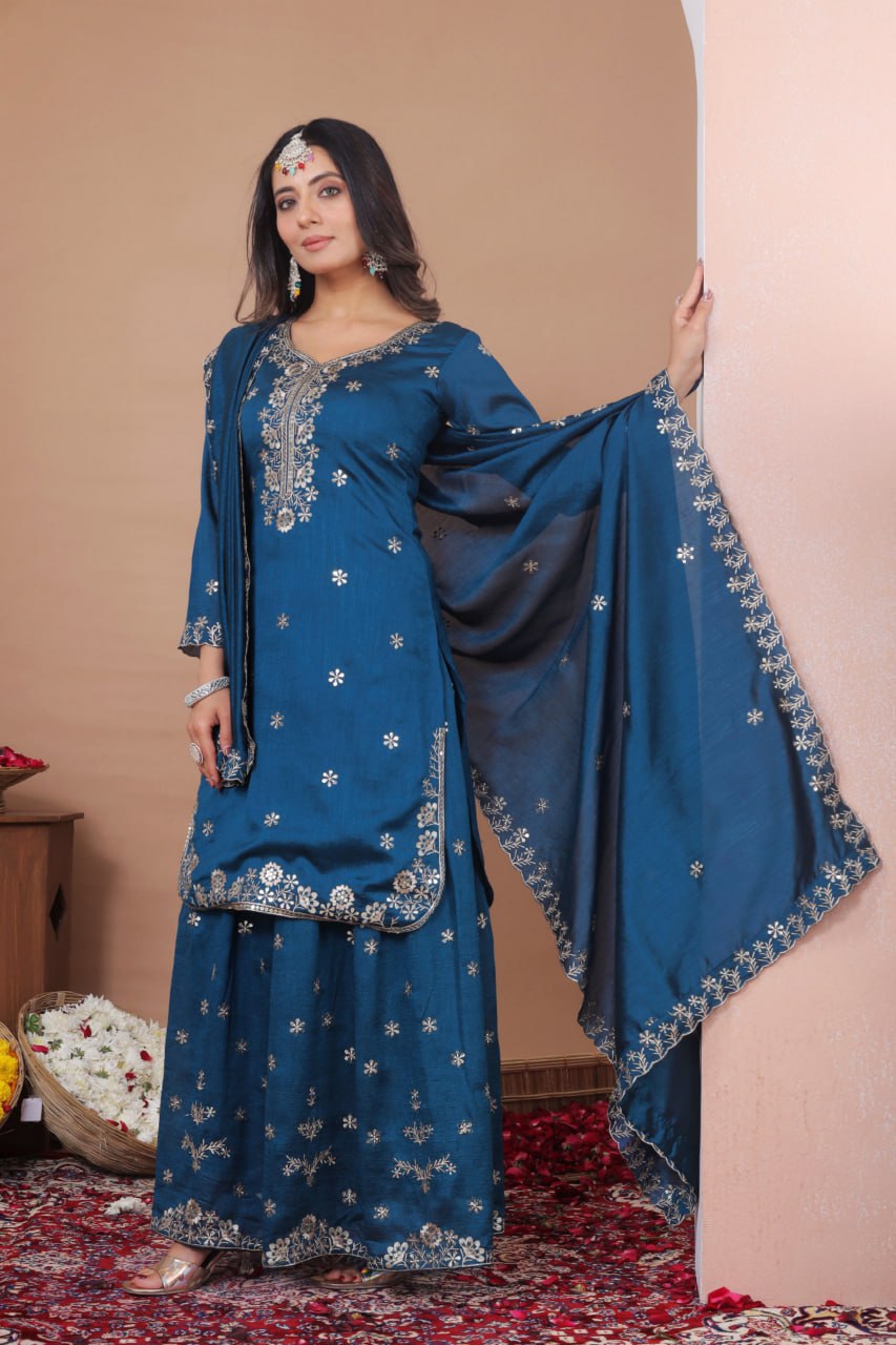 Elegant Blue Color Sequence Embroidered Sharara Suit
