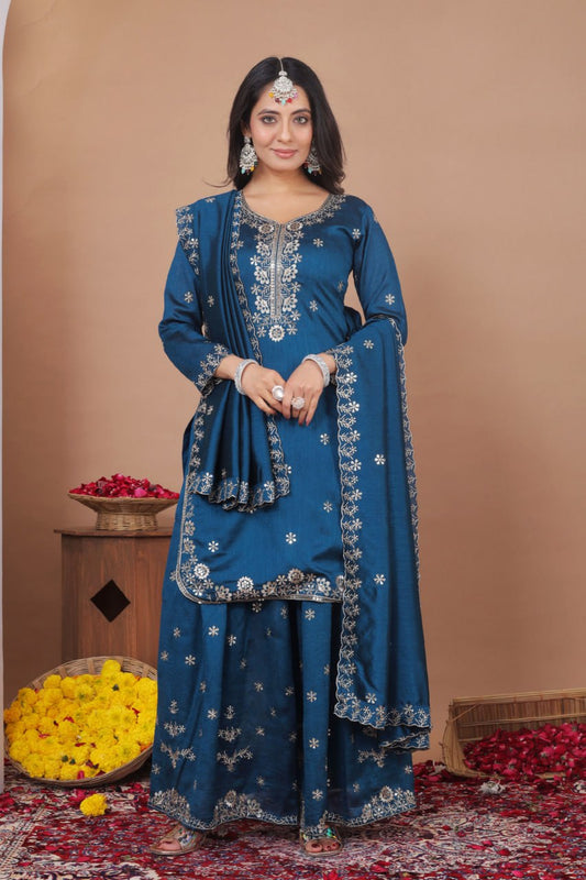 Elegant Blue Color Sequence Embroidered Sharara Suit