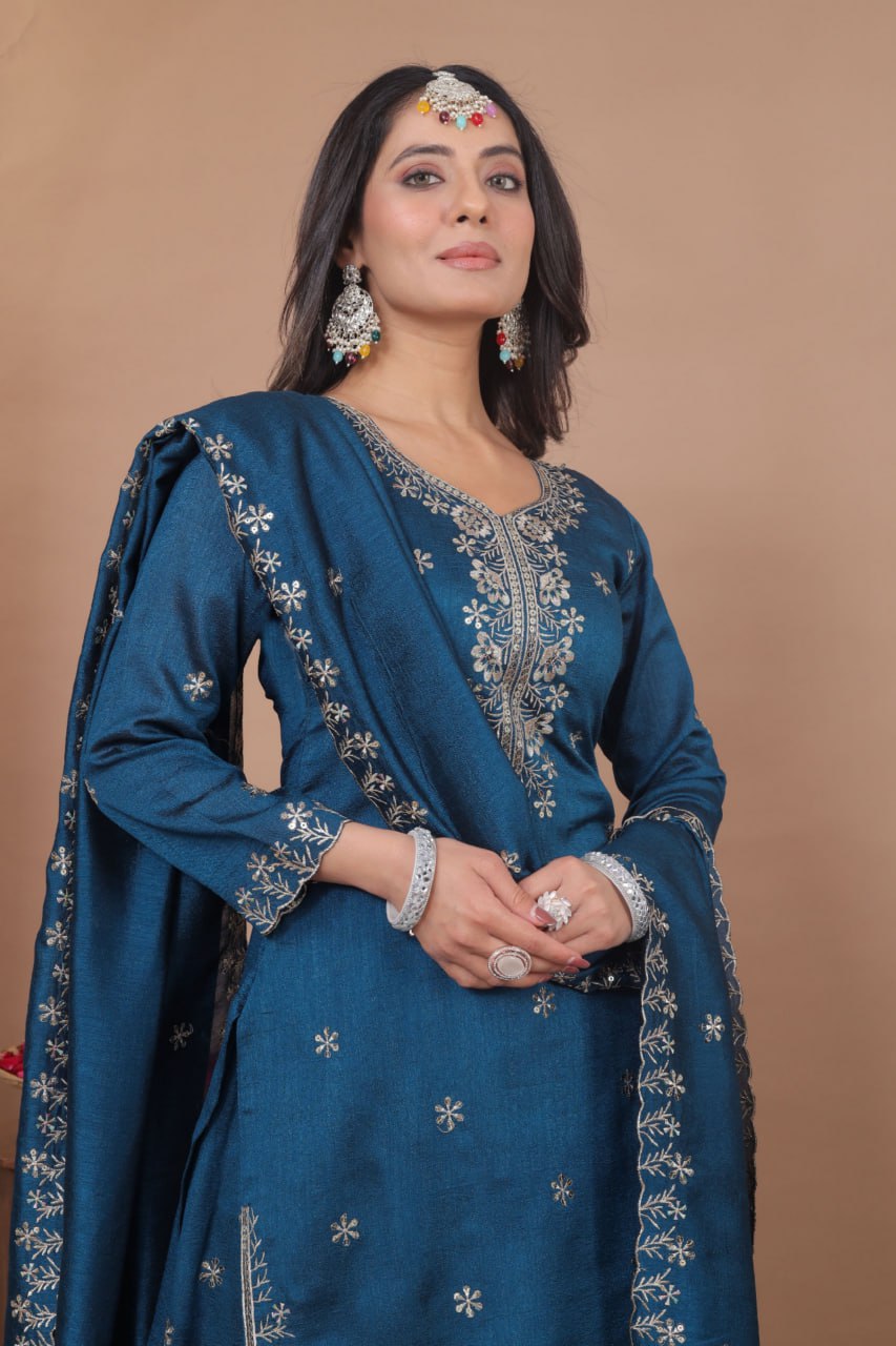Elegant Blue Color Sequence Embroidered Sharara Suit