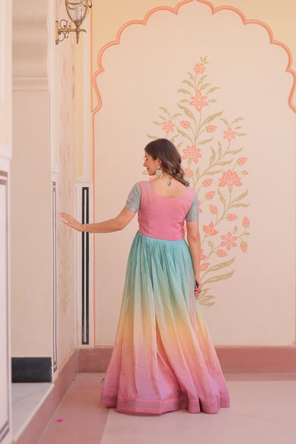 Bollywood Style Peach Color Gold Crush Padding With Beads Embroidered Work Gown