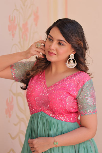Bollywood Style Pink Color Gold Crush Padding With Beads Embroidered Work Gown