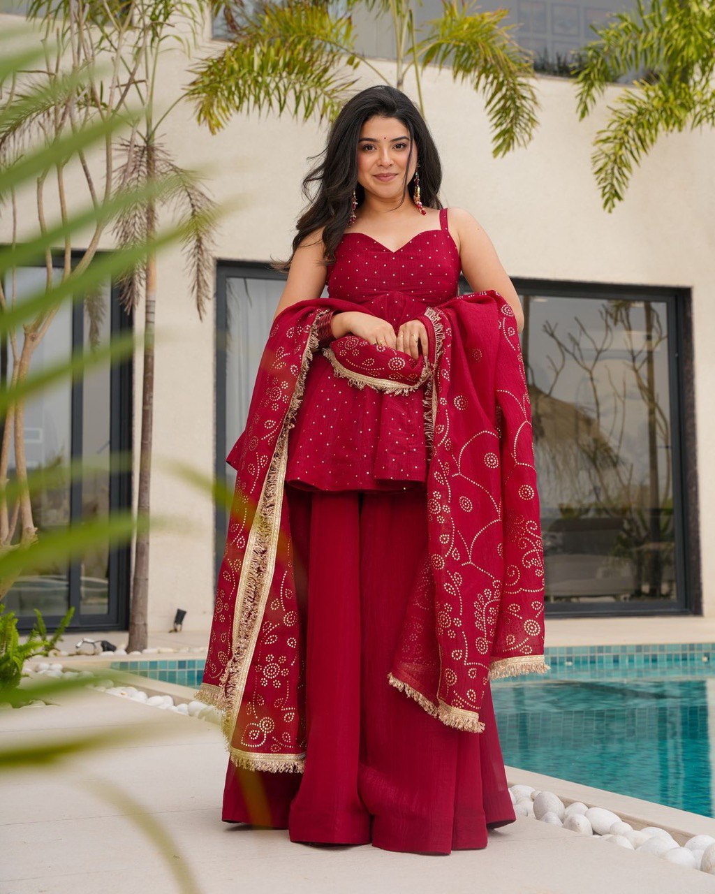 Wedding Wear Red Color Tabby Organza With Mukesh Work Designer Palazzo Suit