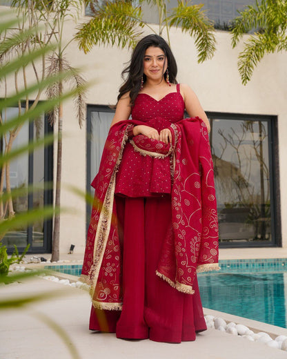 Wedding Wear Red Color Tabby Organza With Mukesh Work Designer Palazzo Suit