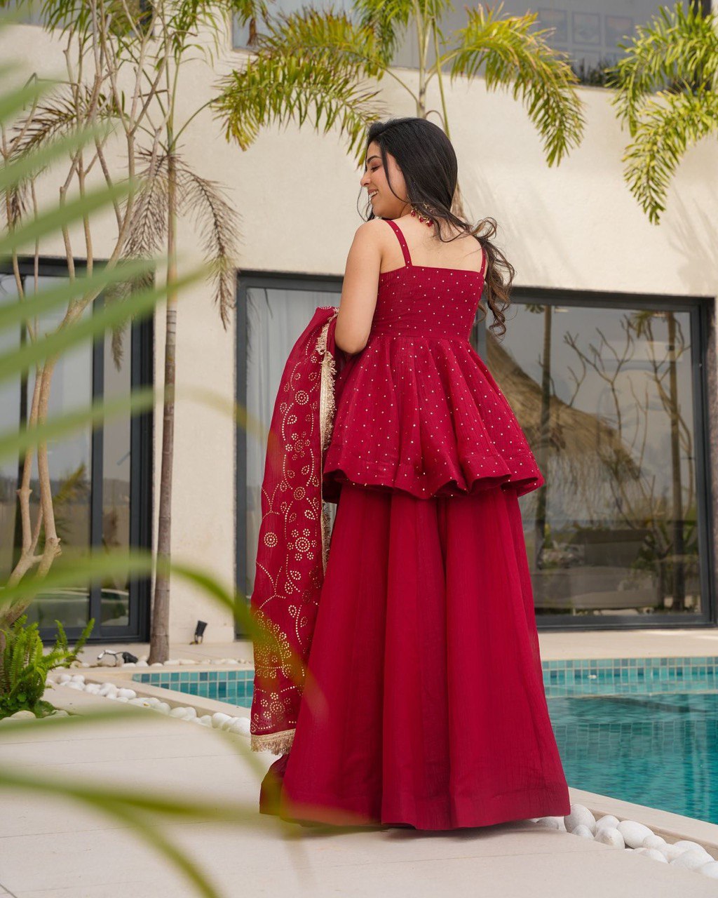 Wedding Wear Red Color Tabby Organza With Mukesh Work Designer Palazzo Suit