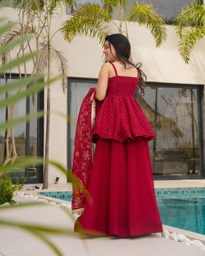 Wedding Wear Red Color Tabby Organza With Mukesh Work Designer Palazzo Suit