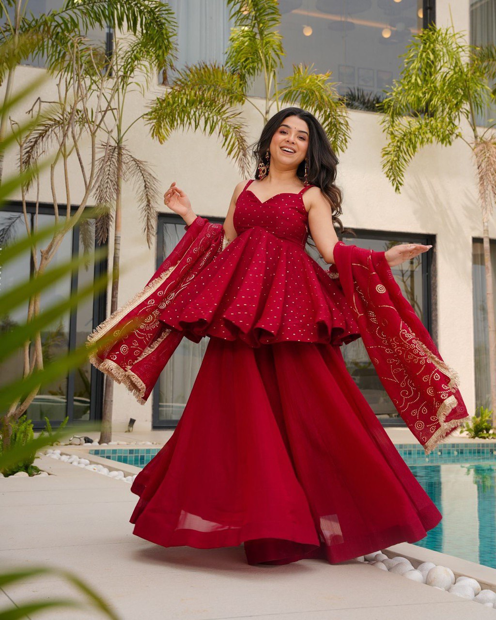 Wedding Wear Red Color Tabby Organza With Mukesh Work Designer Palazzo Suit