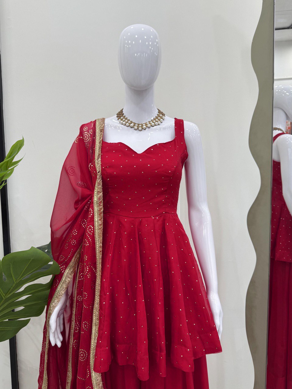 Wedding Wear Red Color Tabby Organza With Mukesh Work Designer Palazzo Suit