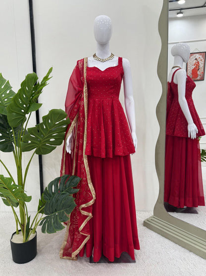 Wedding Wear Red Color Tabby Organza With Mukesh Work Designer Palazzo Suit