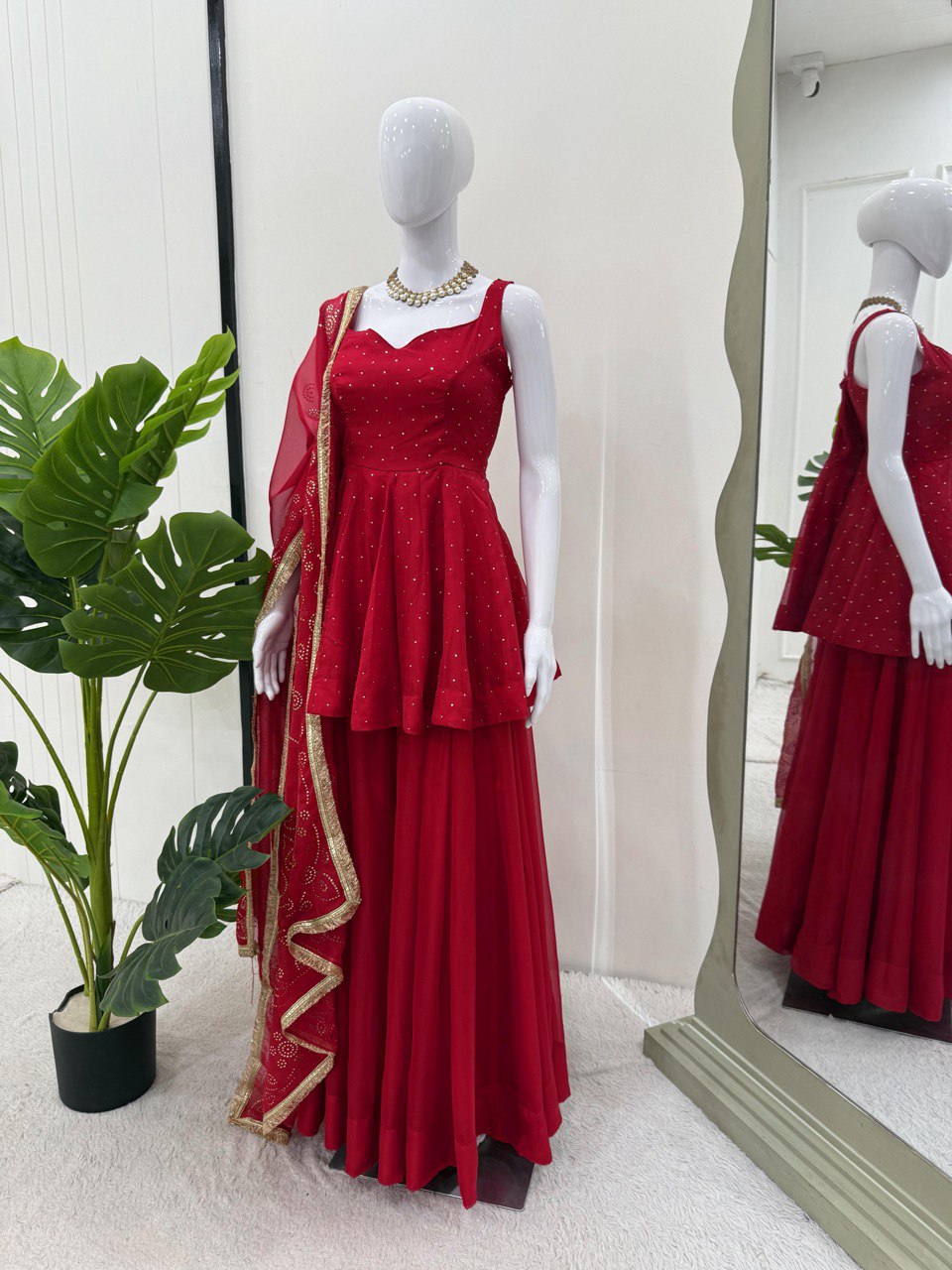 Wedding Wear Red Color Tabby Organza With Mukesh Work Designer Palazzo Suit