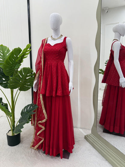 Wedding Wear Red Color Tabby Organza With Mukesh Work Designer Palazzo Suit