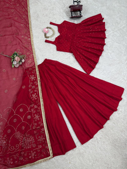 Wedding Wear Red Color Tabby Organza With Mukesh Work Designer Palazzo Suit