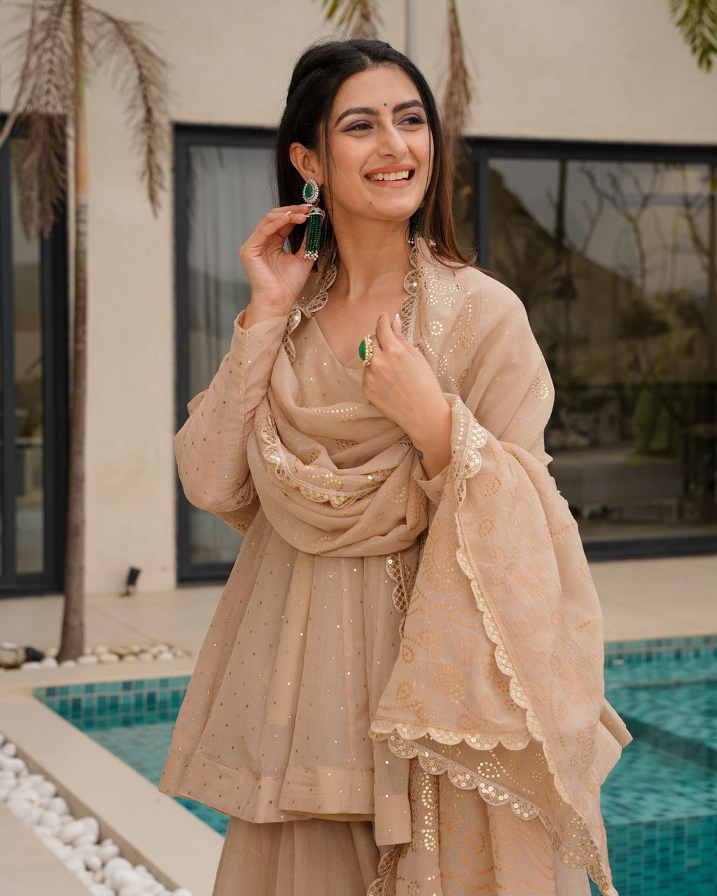 Wedding Wear Cream Color Tabby Organza With Mukesh Work Designer Palazzo Suit