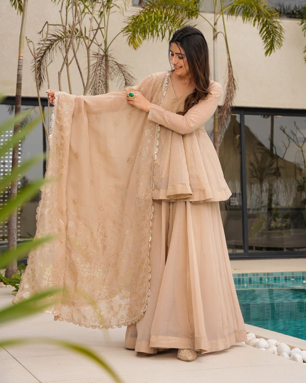 Wedding Wear Cream Color Tabby Organza With Mukesh Work Designer Palazzo Suit