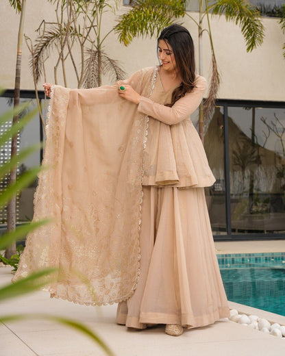 Wedding Wear Cream Color Tabby Organza With Mukesh Work Designer Palazzo Suit